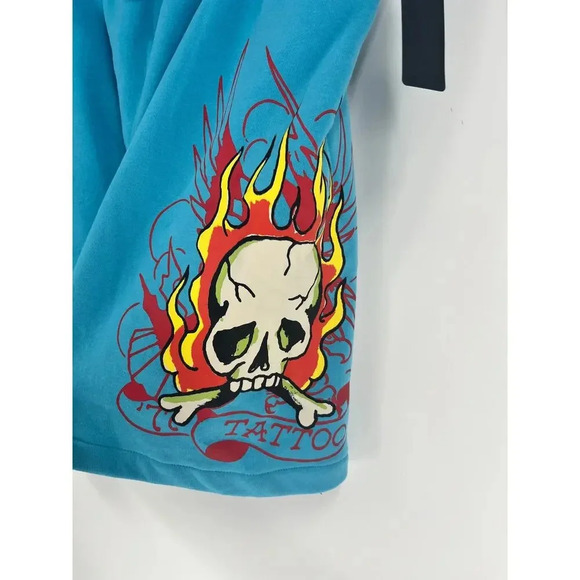 Ed Hardy Graphic Fire Skull Tattoo Men's Fleece Sweat shorts Size XXL Blue NWT - Picture 5 of 11